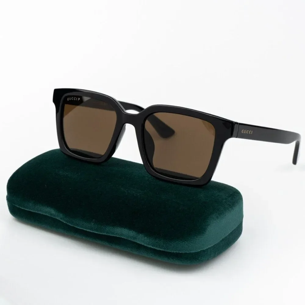 NEW Gucci GG1582SK 004 Shiny Black Brown Polarized Cat Eye Unisex Sunglasses